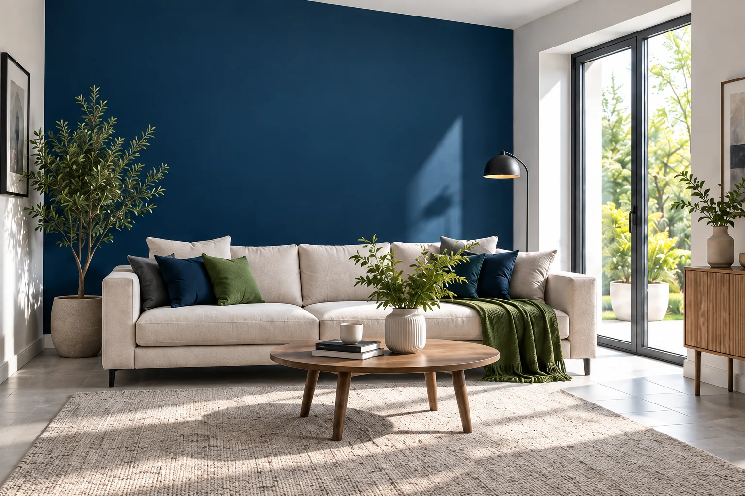 Inspiration : salon lumineux, mur bleu profond, canapé clair et touches de vert